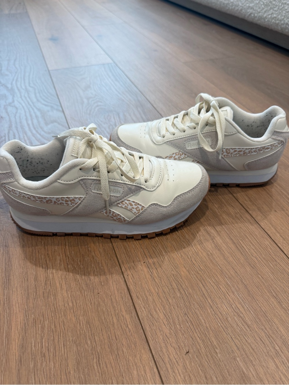 Reebok Cream and Light Gray Sneakers with Leopard Detail